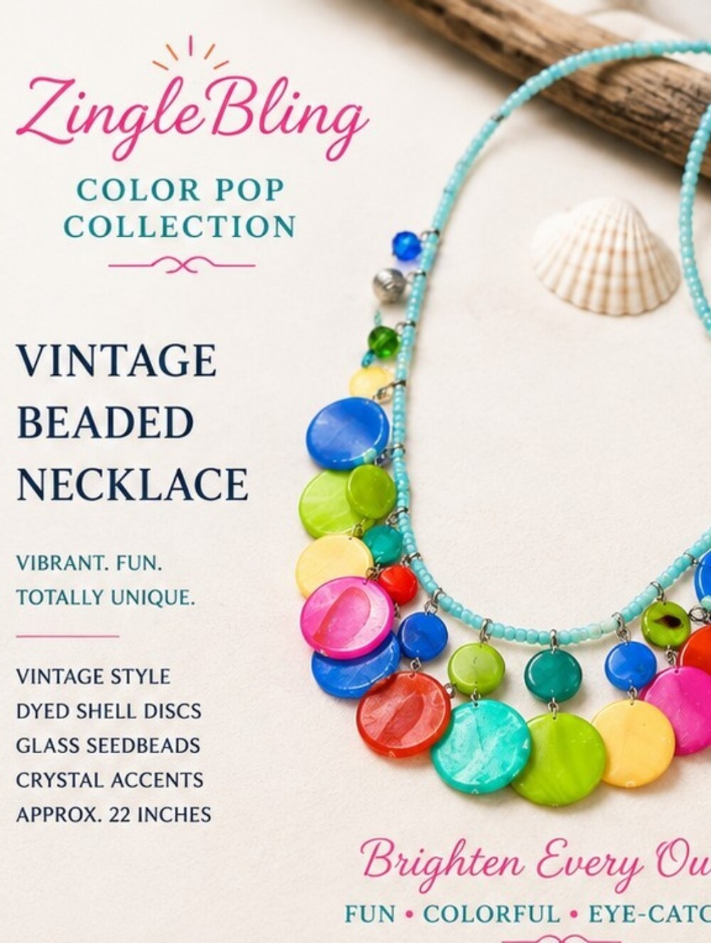 Vintage Colorful Dyed Shell Beaded Necklace 22 Tropical Statement  Necklace